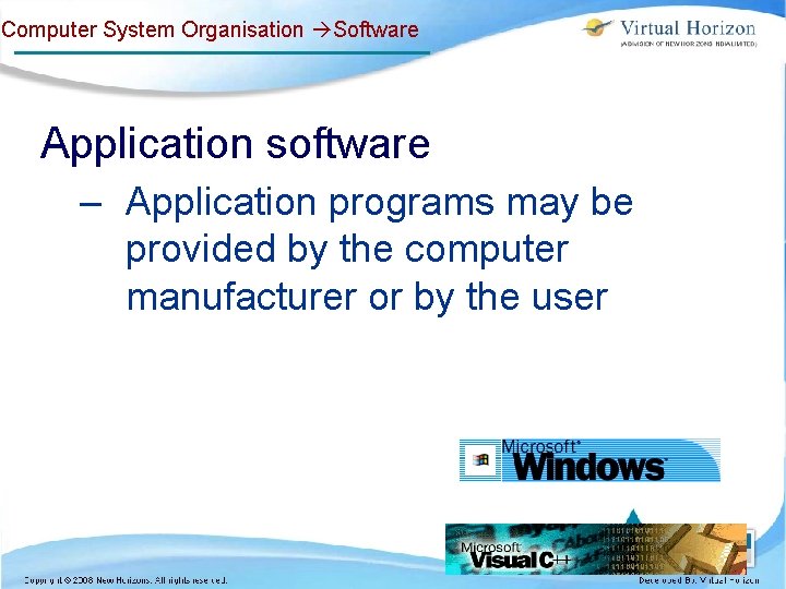 Computer System Organisation Software Application software – Application programs may be provided by the Computer System Organisation Software Application software – Application programs may be provided by the