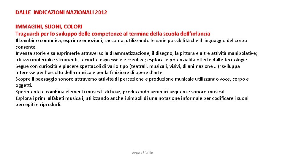 DALLE INDICAZIONI NAZIONALI 2012 IMMAGINI, SUONI, COLORI Traguardi per lo sviluppo delle competenze al