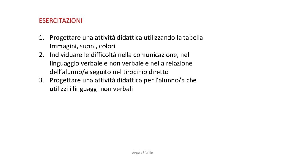 ESERCITAZIONI 1. Progettare una attività didattica utilizzando la tabella Immagini, suoni, colori 2. Individuare