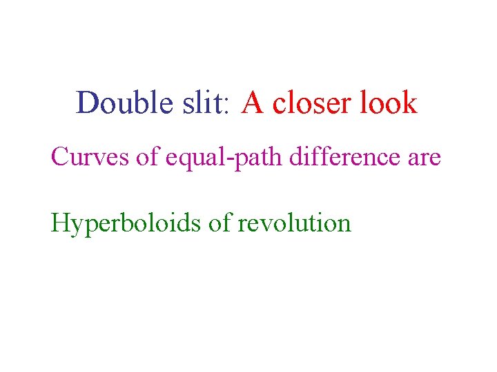 Double slit: A closer look Curves of equal-path difference are Hyperboloids of revolution 