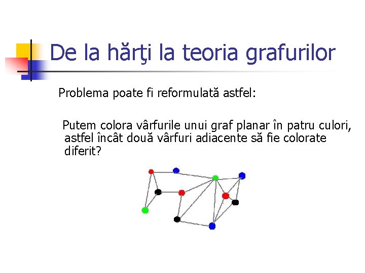 De la hărţi la teoria grafurilor Problema poate fi reformulată astfel: Putem colora vârfurile