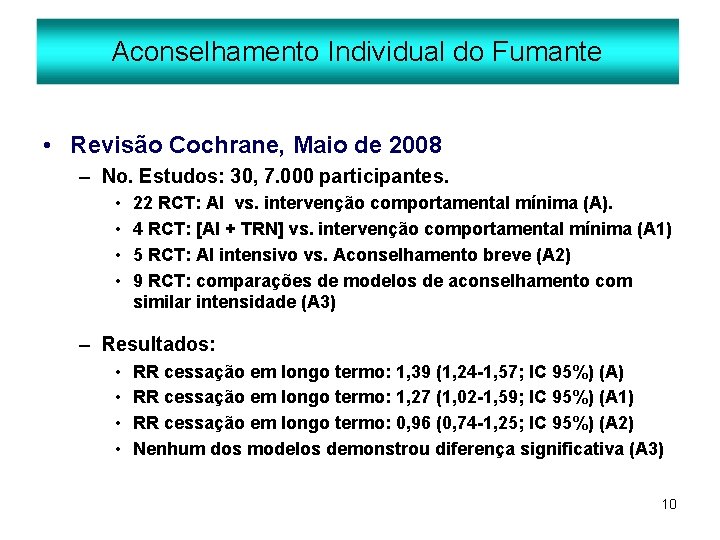Aconselhamento Individual do Fumante • Revisão Cochrane, Maio de 2008 – No. Estudos: 30,