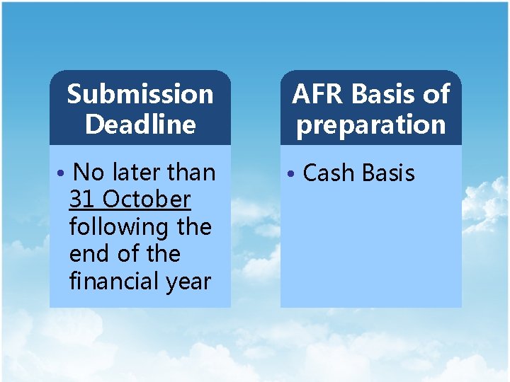 Submission Deadline • No later than 31 October following the end of the financial