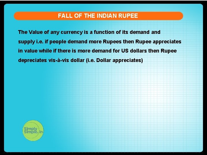 FALL OF THE INDIAN RUPEE The Value of any currency is a function of