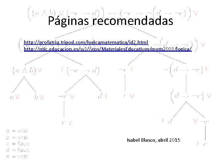 Páginas recomendadas http: //profatria. tripod. com/logicamatematica/id 2. html http: //ntic. educacion. es/w 3//eos/Materiales. Educativos/mem