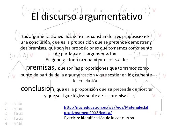 El discurso argumentativo Las argumentaciones más sencillas constan de tres proposiciones: una conclusión, que