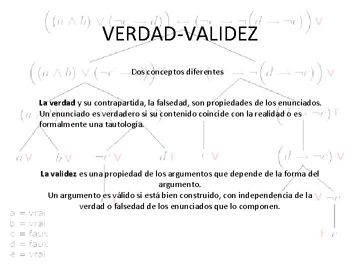 VERDAD-VALIDEZ Dos conceptos diferentes La verdad y su contrapartida, la falsedad, son propiedades de