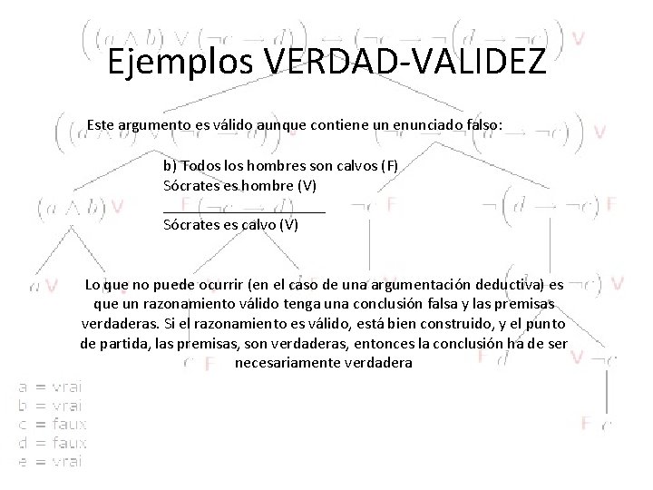 Ejemplos VERDAD-VALIDEZ Este argumento es válido aunque contiene un enunciado falso: b) Todos los