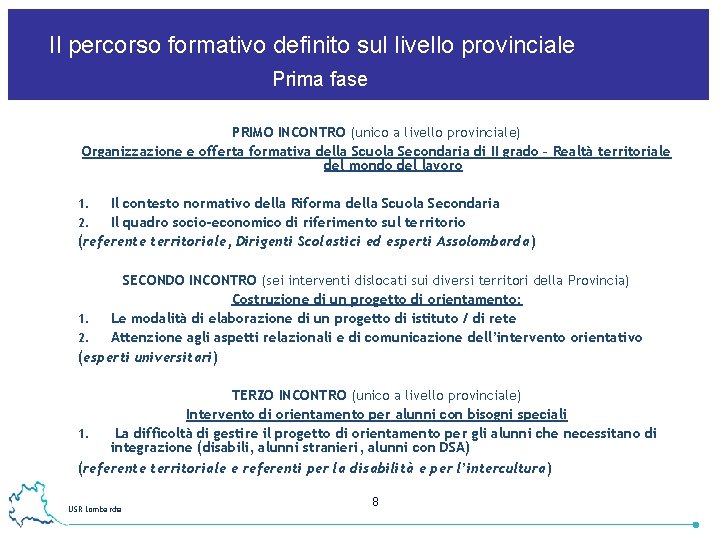 Il percorso formativo definito sul livello provinciale Prima fase PRIMO INCONTRO (unico a livello Il percorso formativo definito sul livello provinciale Prima fase PRIMO INCONTRO (unico a livello