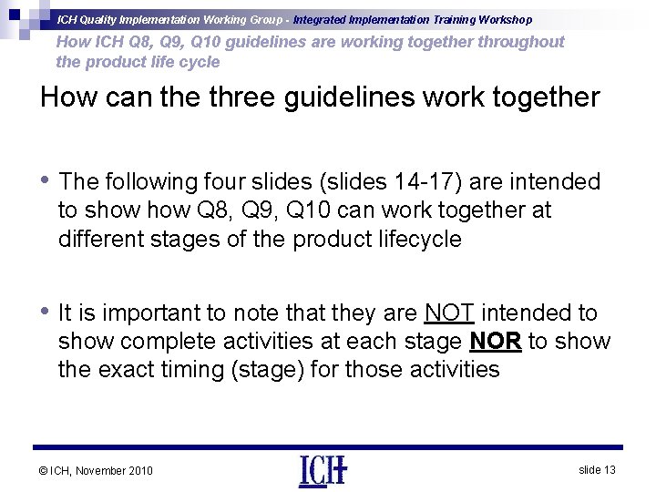 ICH Quality Implementation Working Group - Integrated Implementation Training Workshop How ICH Q 8,