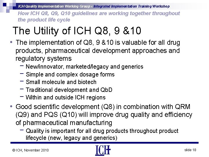 ICH Quality Implementation Working Group - Integrated Implementation Training Workshop How ICH Q 8,