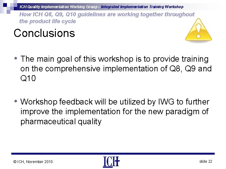 ICH Quality Implementation Working Group - Integrated Implementation Training Workshop How ICH Q 8,