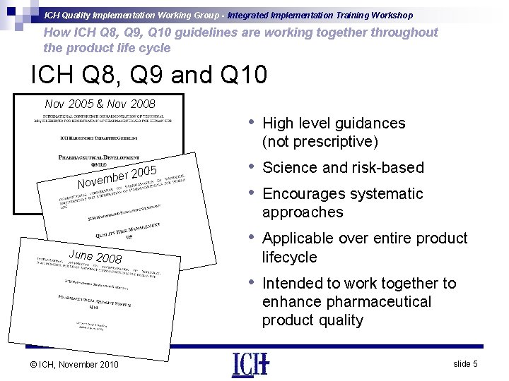ICH Quality Implementation Working Group - Integrated Implementation Training Workshop How ICH Q 8,