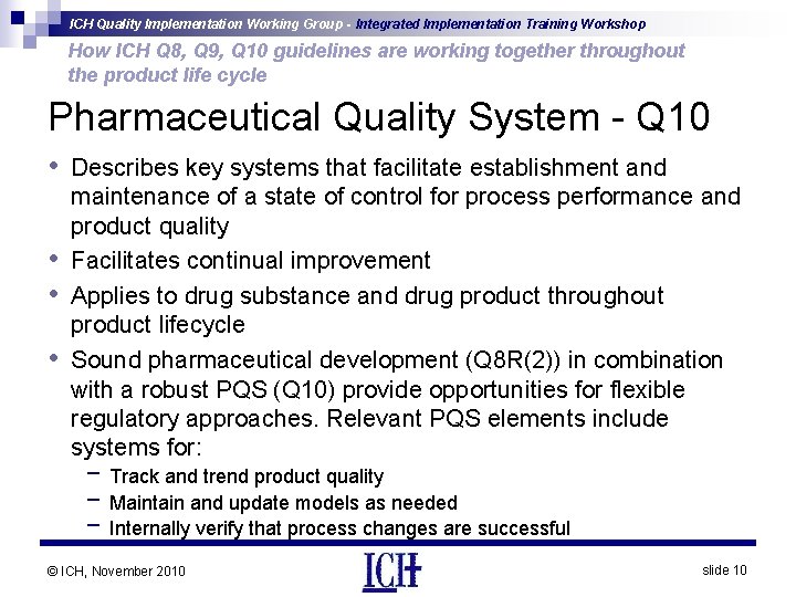 ICH Quality Implementation Working Group - Integrated Implementation Training Workshop How ICH Q 8,