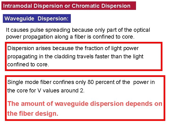 Intramodal Dispersion or Chromatic Dispersion Waveguide Dispersion: It causes pulse spreading because only part