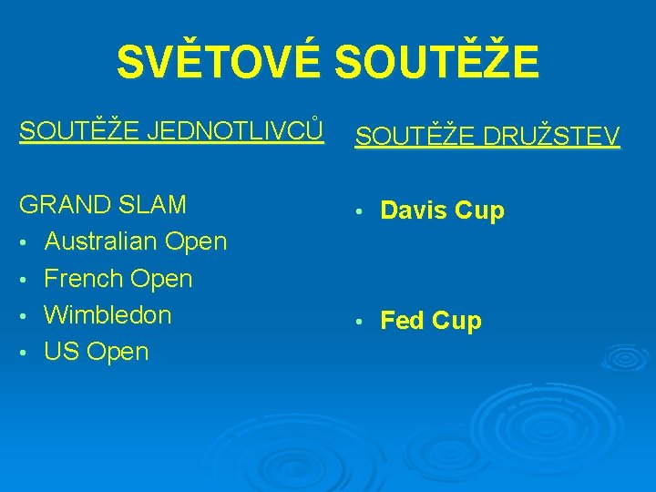 SVĚTOVÉ SOUTĚŽE JEDNOTLIVCŮ GRAND SLAM • Australian Open • French Open • Wimbledon •