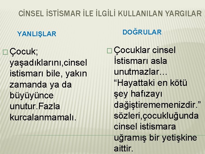 CİNSEL İSTİSMAR İLE İLGİLİ KULLANILAN YARGILAR YANLIŞLAR � Çocuk; yaşadıklarını, cinsel istismarı bile, yakın