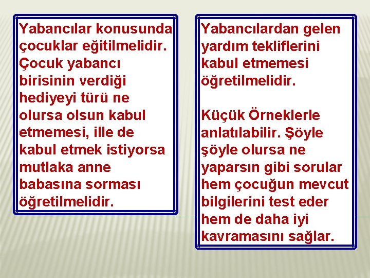 Yabancılar konusunda çocuklar eğitilmelidir. Çocuk yabancı birisinin verdiği hediyeyi türü ne olursa olsun kabul