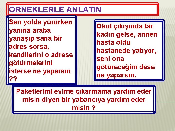 ÖRNEKLERLE ANLATIN Sen yolda yürürken yanına araba yanaşıp sana bir adres sorsa, kendilerini o