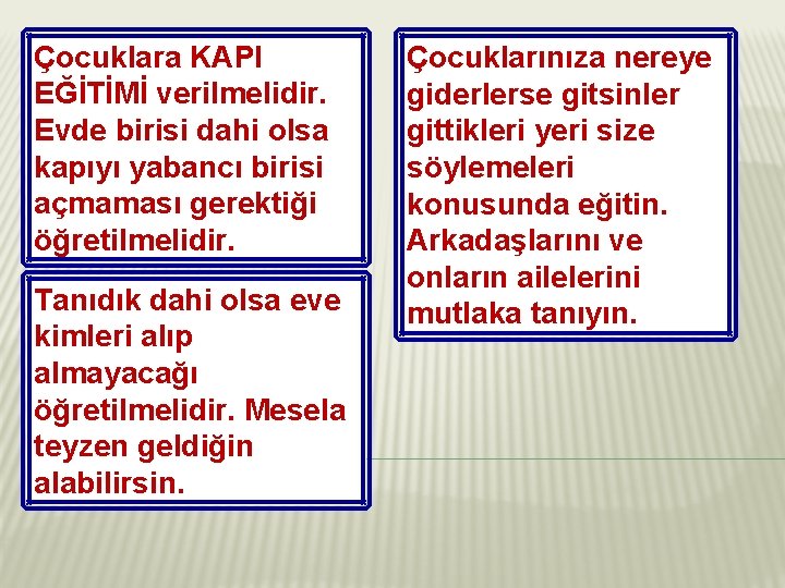 Çocuklara KAPI EĞİTİMİ verilmelidir. Evde birisi dahi olsa kapıyı yabancı birisi açmaması gerektiği öğretilmelidir.