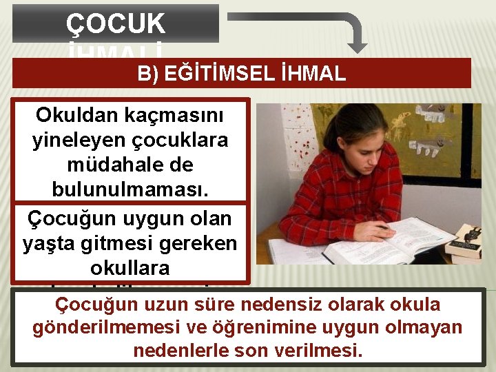 ÇOCUK İHMALİ B) EĞİTİMSEL İHMAL Okuldan kaçmasını yineleyen çocuklara müdahale de bulunulmaması. Çocuğun uygun