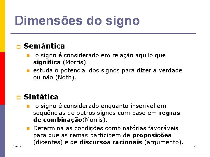 Dimensões do signo p Semântica n n p Sintática n n Nov-20 o signo