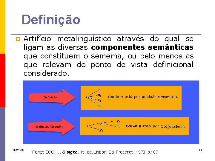 Definição p Artifício metalinguístico através do qual se ligam as diversas componentes semânticas que