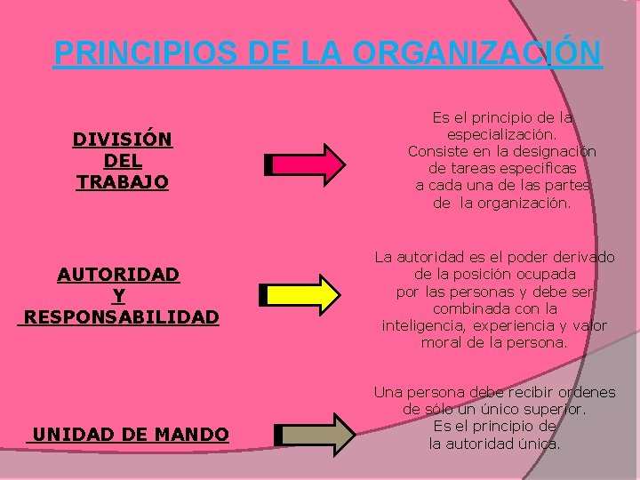 PRINCIPIOS DE LA ORGANIZACIÓN DIVISIÓN DEL TRABAJO AUTORIDAD Y RESPONSABILIDAD UNIDAD DE MANDO Es