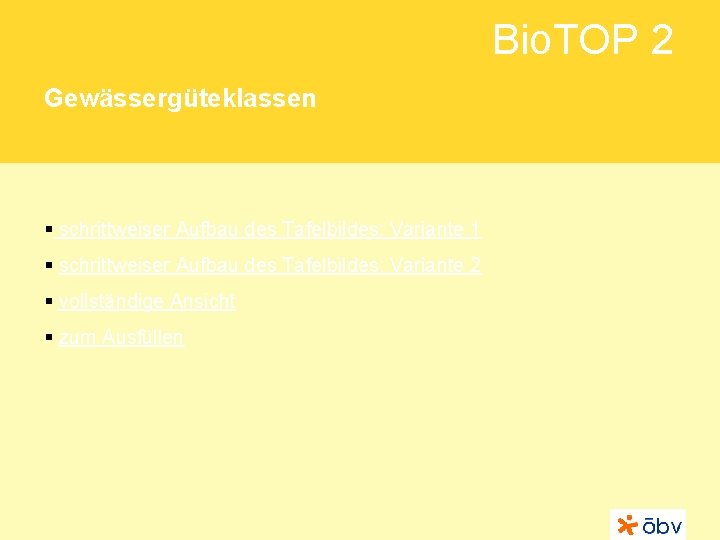 Bio. TOP 2 Gewässergüteklassen § schrittweiser Aufbau des Tafelbildes: Variante 1 § schrittweiser Aufbau