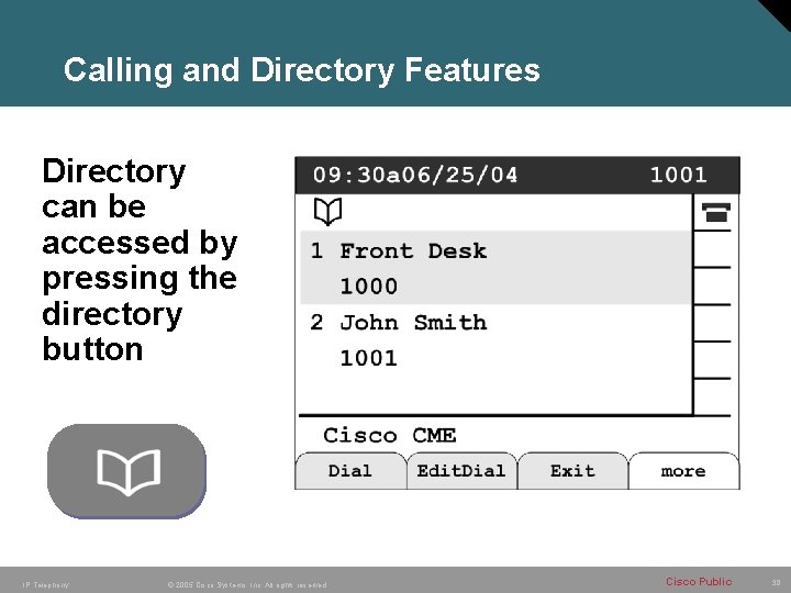 Calling and Directory Features Directory can be accessed by pressing the directory button IP