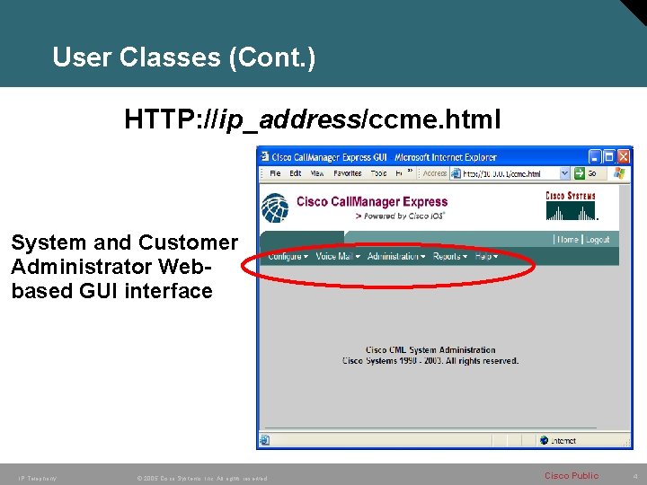 User Classes (Cont. ) HTTP: //ip_address/ccme. html System and Customer Administrator Webbased GUI interface