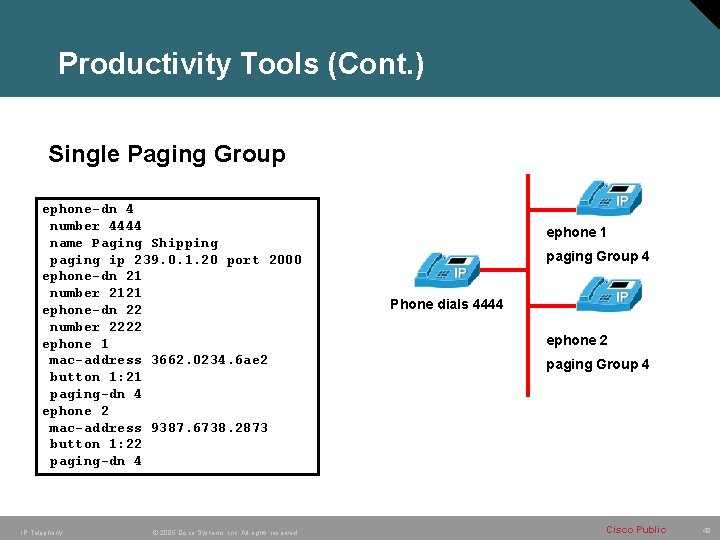 Productivity Tools (Cont. ) Single Paging Group ephone-dn 4 number 4444 name Paging Shipping