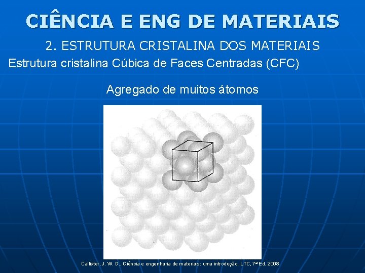 CIÊNCIA E ENG DE MATERIAIS 2. ESTRUTURA CRISTALINA DOS MATERIAIS Estrutura cristalina Cúbica de