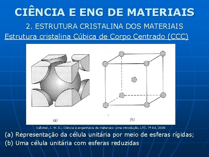 CIÊNCIA E ENG DE MATERIAIS 2. ESTRUTURA CRISTALINA DOS MATERIAIS Estrutura cristalina Cúbica de