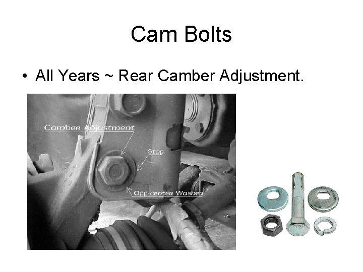 Cam Bolts • All Years ~ Rear Camber Adjustment. 