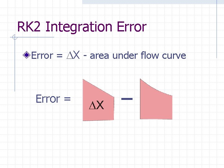 RK 2 Integration Error = X - area under flow curve Error = 