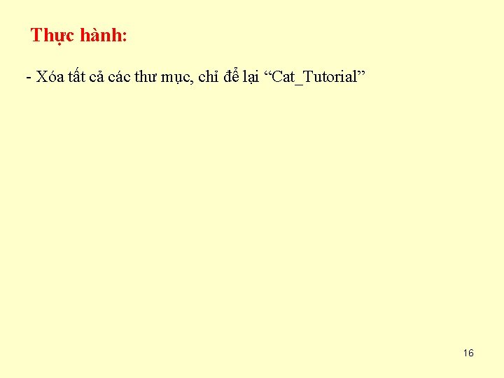 Thực hành: - Xóa tất cả các thư mục, chỉ để lại “Cat_Tutorial” 16