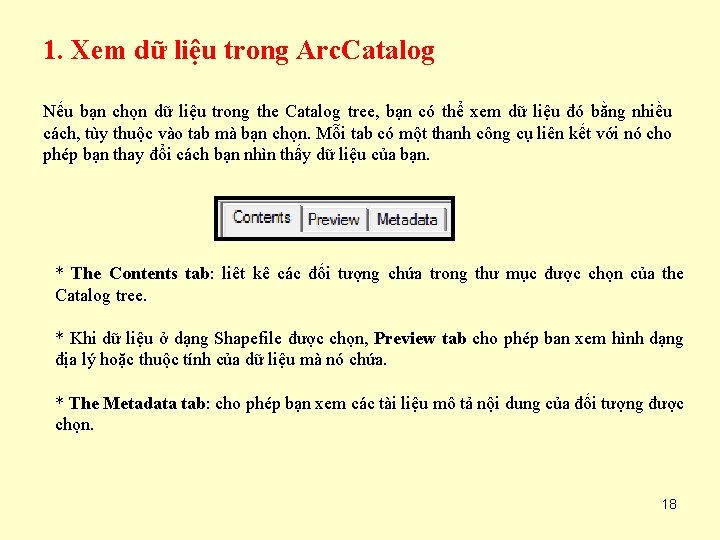 1. Xem dữ liệu trong Arc. Catalog Nếu bạn chọn dữ liệu trong the