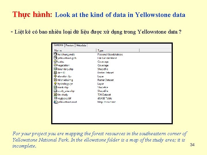 Thực hành: Look at the kind of data in Yellowstone data - Liệt kê