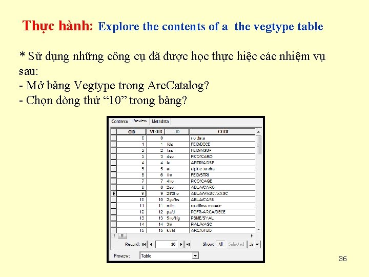 Thực hành: Explore the contents of a the vegtype table * Sử dụng những