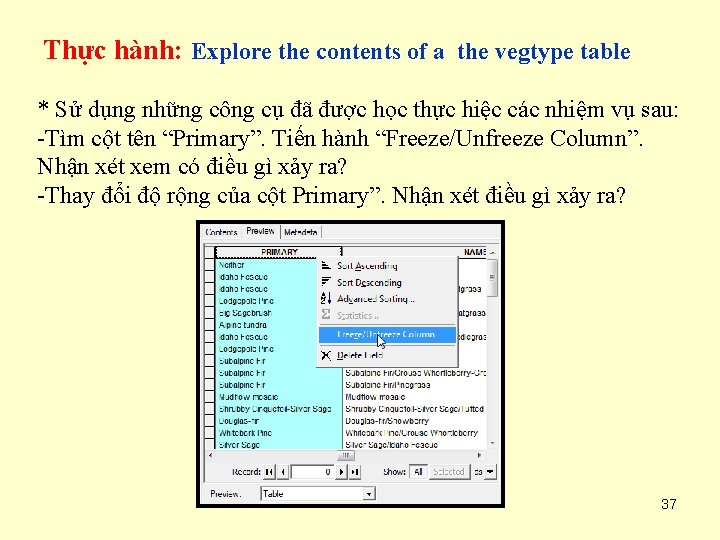 Thực hành: Explore the contents of a the vegtype table * Sử dụng những