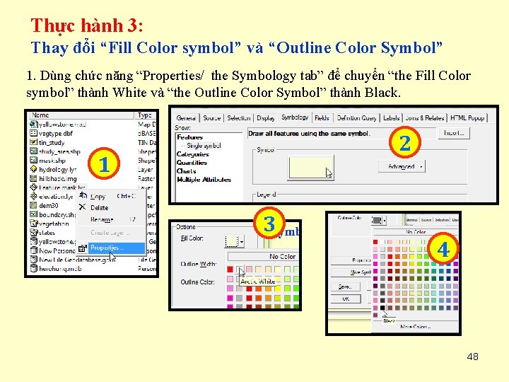 Thực hành 3: Thay đổi “Fill Color symbol” và “Outline Color Symbol” 1. Dùng