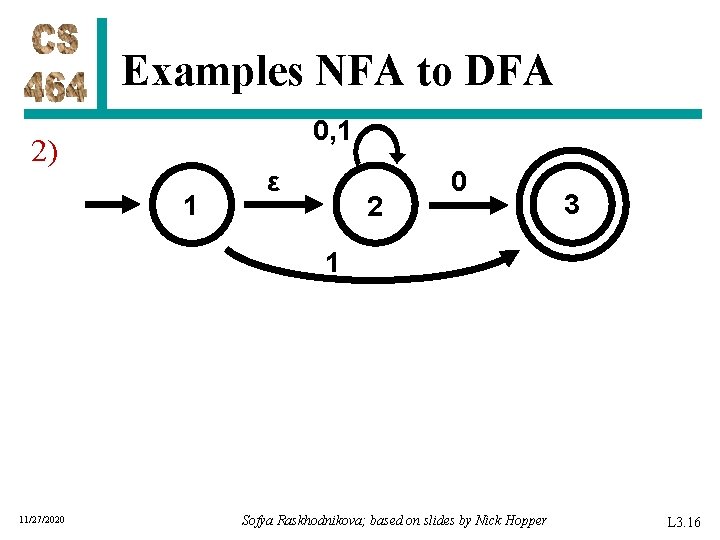 Examples NFA to DFA 0, 1 2) 1 ε 2 0 3 1 11/27/2020