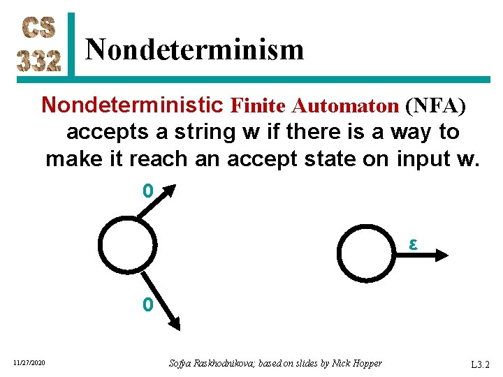 Nondeterminism Nondeterministic Finite Automaton (NFA) accepts a string w if there is a way