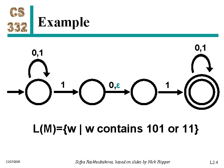 Example 0, 1 1 0, ε 1 L(M)={w | w contains 101 or 11}