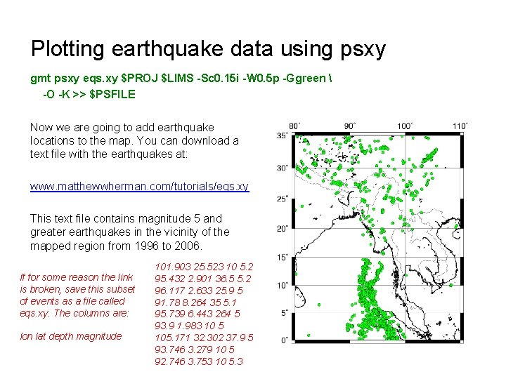 Plotting earthquake data using psxy gmt psxy eqs. xy $PROJ $LIMS -Sc 0. 15