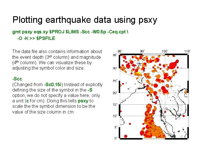 Plotting earthquake data using psxy gmt psxy eqs. xy $PROJ $LIMS -Scc -W 0.