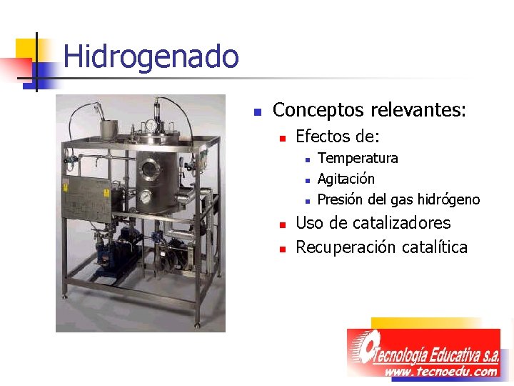 Hidrogenado n Conceptos relevantes: n Efectos de: n n n Temperatura Agitación Presión del Hidrogenado n Conceptos relevantes: n Efectos de: n n n Temperatura Agitación Presión del