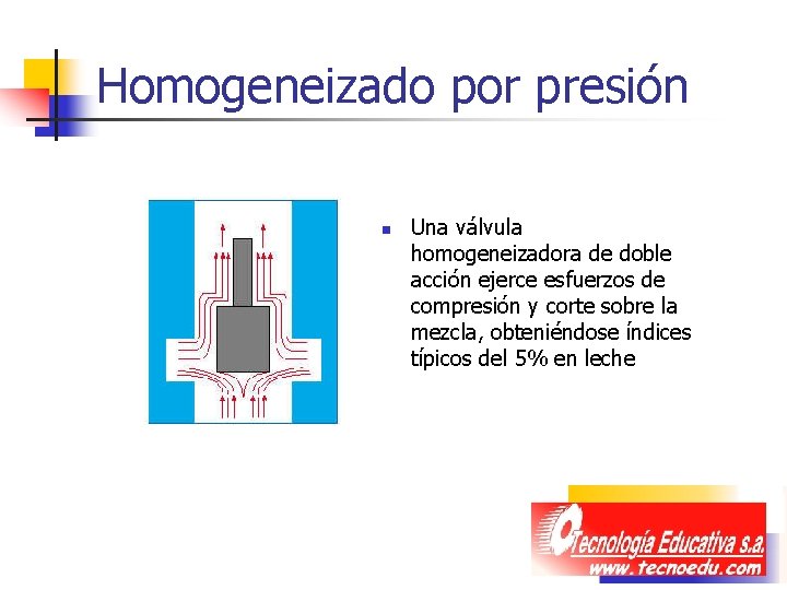 Homogeneizado por presión n Una válvula homogeneizadora de doble acción ejerce esfuerzos de compresión Homogeneizado por presión n Una válvula homogeneizadora de doble acción ejerce esfuerzos de compresión