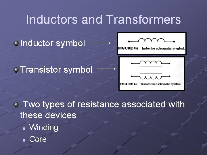 Inductors and Transformers Inductor symbol Transistor symbol Two types of resistance associated with these